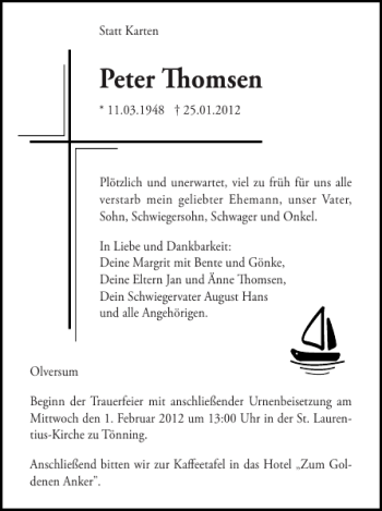 Traueranzeige von Peter Thomsen von Husumer Nachrichten