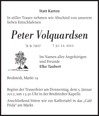 Traueranzeige von Peter Volquardsen von Husumer Nachrichten