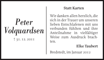 Traueranzeige von Peter Volquardsen von Husumer Nachrichten