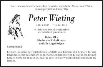 Traueranzeige von Peter Wieting von Norddeutsche Rundschau