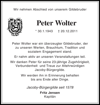 Traueranzeige von Peter Wolter von Holsteinischer Courier