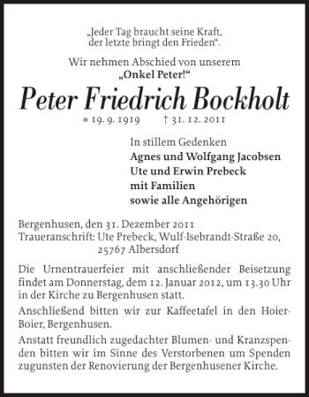 Traueranzeige von Peter Friedrich Bockholt von Landeszeitung