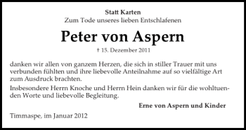 Traueranzeige von Peter von Aspern von Landeszeitung