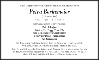 Traueranzeige von Petra Berkemeier von Der Insel-Bote