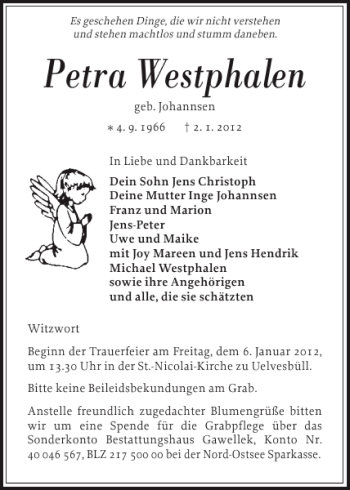 Traueranzeige von Petra Westphalen von Husumer Nachrichten