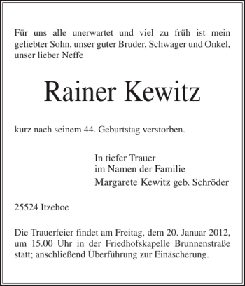 Traueranzeige von Rainer Kewitz von Norddeutsche Rundschau
