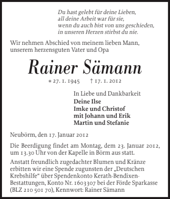 Traueranzeige von Rainer Sämann von Landeszeitung