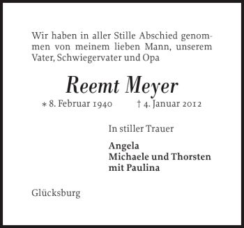 Traueranzeige von Reemt Meyer von Flensburger Tageblatt