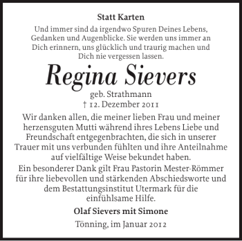 Traueranzeige von Regina Sievers von Husumer Nachrichten