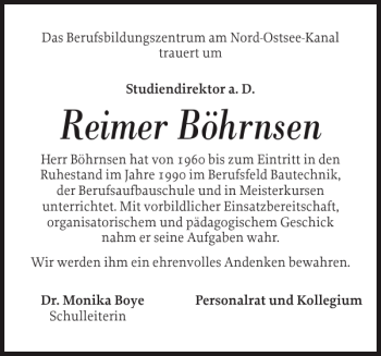 Traueranzeige von Reimer Böhrnsen von Landeszeitung