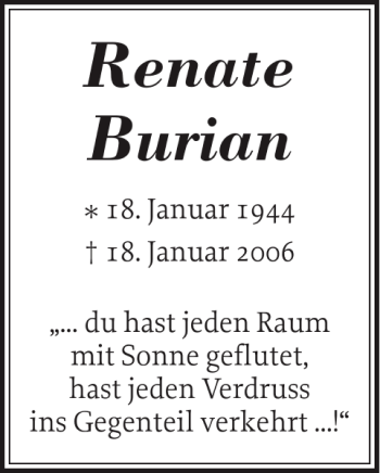 Traueranzeige von Renate Burian von Holsteinischer Courier