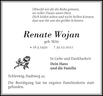 Traueranzeige von Renate Wojan von Schleswiger Nachrichten
