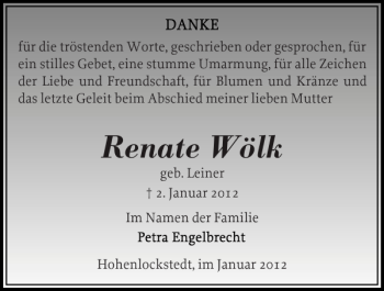 Traueranzeige von Renate Wölk von Norddeutsche Rundschau
