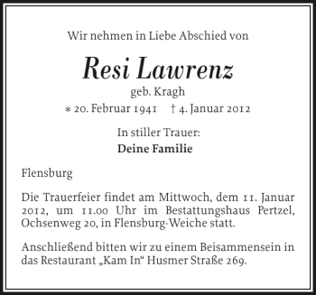 Traueranzeige von Resi Lawrenz von Flensburger Tageblatt