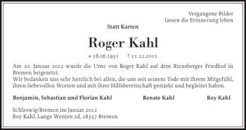 Traueranzeige von Roger Kahl von Schleswiger Nachrichten