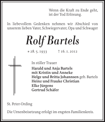 Traueranzeige von Rolf Bartels von Husumer Nachrichten