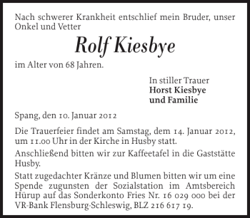 Traueranzeige von Rolf Kiesbye von Flensburger Tageblatt