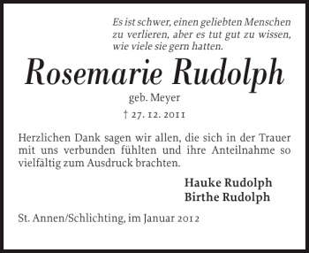 Traueranzeige von Rosemarie Rudolph von Husumer Nachrichten