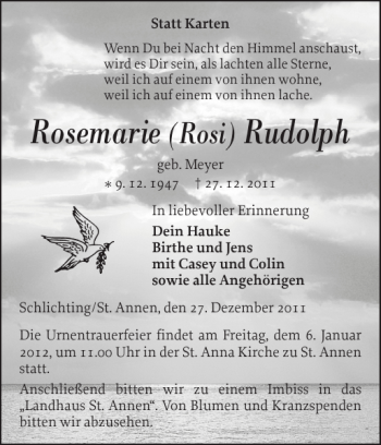 Traueranzeige von Rosemarie Rudolph von Husumer Nachrichten