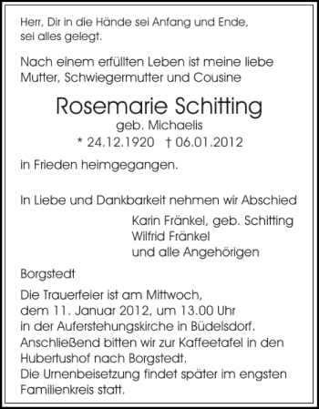 Traueranzeige von Rosemarie Schitting von Landeszeitung