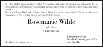 Traueranzeige von Rosemarie Wilde von Elmshorner Nachrichten