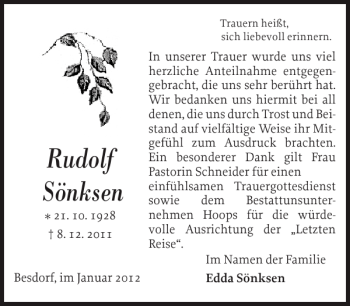 Traueranzeige von Rudolf Sönksen von Norddeutsche Rundschau