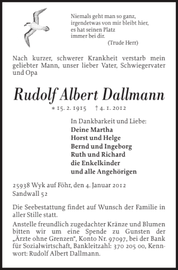 Traueranzeige von Rudolf Albert Dallmann von Der Insel-Bote