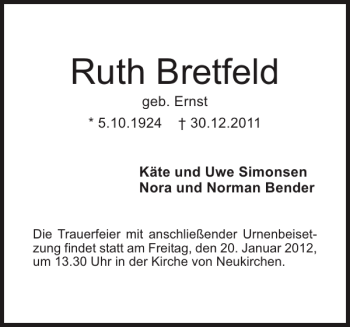 Traueranzeige von Ruth Bretfeld von Flensburger Tageblatt