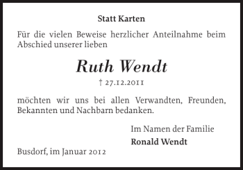 Traueranzeige von Ruth Wendt von Schleswiger Nachrichten