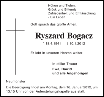 Traueranzeige von Ryszard Bogacz von Holsteinischer Courier