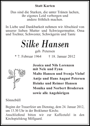 Traueranzeige von Silke Hansen von Husumer Nachrichten