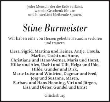 Traueranzeige von Stine Burmeister von Flensburger Tageblatt