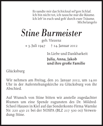 Traueranzeige von Stine Burmeister von Flensburger Tageblatt