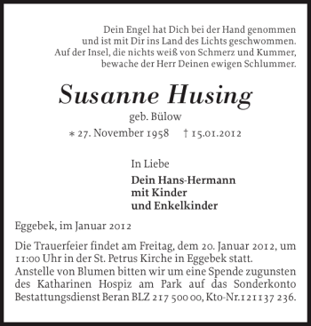 Traueranzeige von Susanne Husing von Flensburger Tageblatt