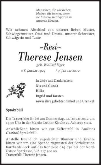 Traueranzeige von Therese Jensen von Flensburger Tageblatt