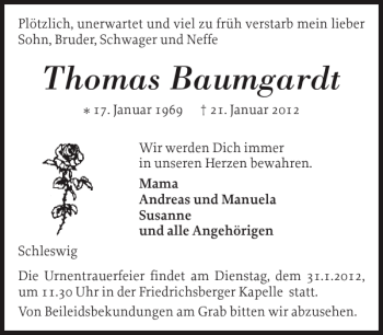 Traueranzeige von Thomas Baumgardt von Schleswiger Nachrichten