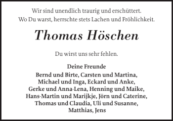 Traueranzeige von Thomas Höschen von Flensburger Tageblatt