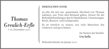 Traueranzeige von ThomasGreulich-Erfle  von Norddeutsche Rundschau