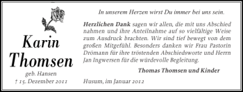 Traueranzeige von Thomsen  von Husumer Nachrichten