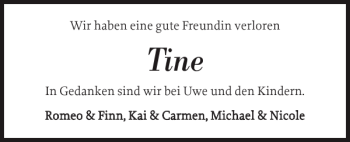 Traueranzeige von Tine  von Nordfriesland Tageblatt