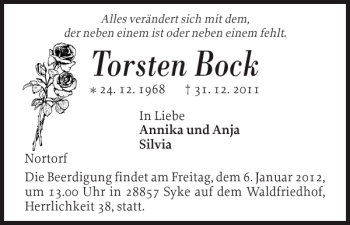 Traueranzeige von Torsten Bock von Landeszeitung