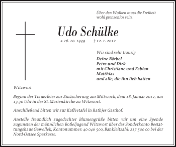 Traueranzeige von Udo Schülke von Husumer Nachrichten