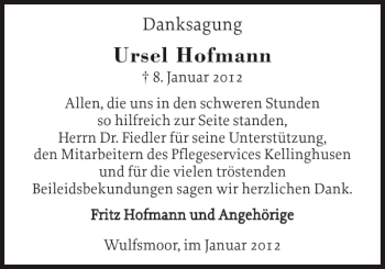 Traueranzeige von Ursel Hofmann von Norddeutsche Rundschau