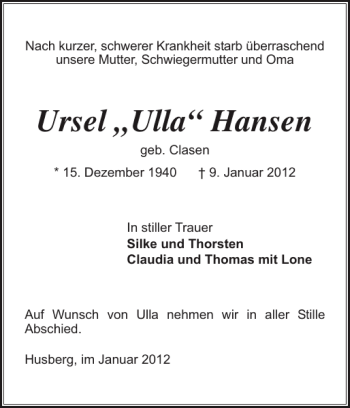 Traueranzeige von Ursel Ulla Hansen von Holsteinischer Courier
