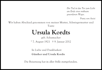 Traueranzeige von Ursula Kordts von Ostholsteiner Anzeiger