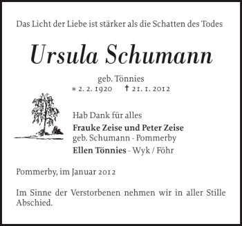 Traueranzeige von Ursula Schumann von Flensburger Tageblatt