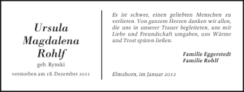 Traueranzeige von Ursula Magdalena Rohlf von Elmshorner Nachrichten