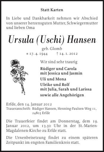 Traueranzeige von Ursula Uschi Hansen von Landeszeitung