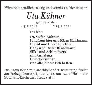 Traueranzeige von Uta Kühner von Flensburger Tageblatt