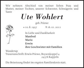 Traueranzeige von Ute Wohlert von Schlei-Bote